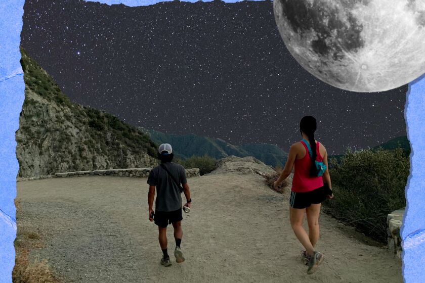 Hikers amongst the moon and shower
