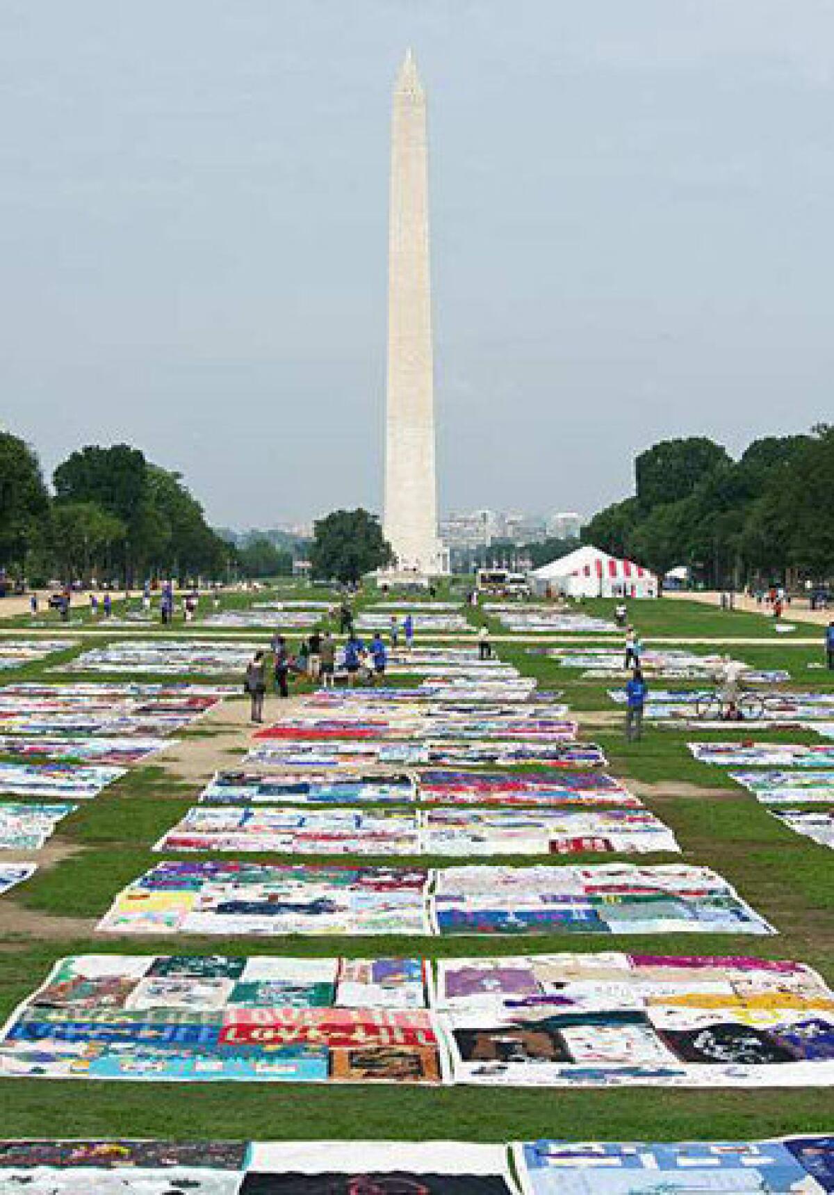 The AIDS Quilt is laid out on the National Mall as part of the 19th International AIDS Conference in Washington. Speakers at the conference discuss progress and challenges.