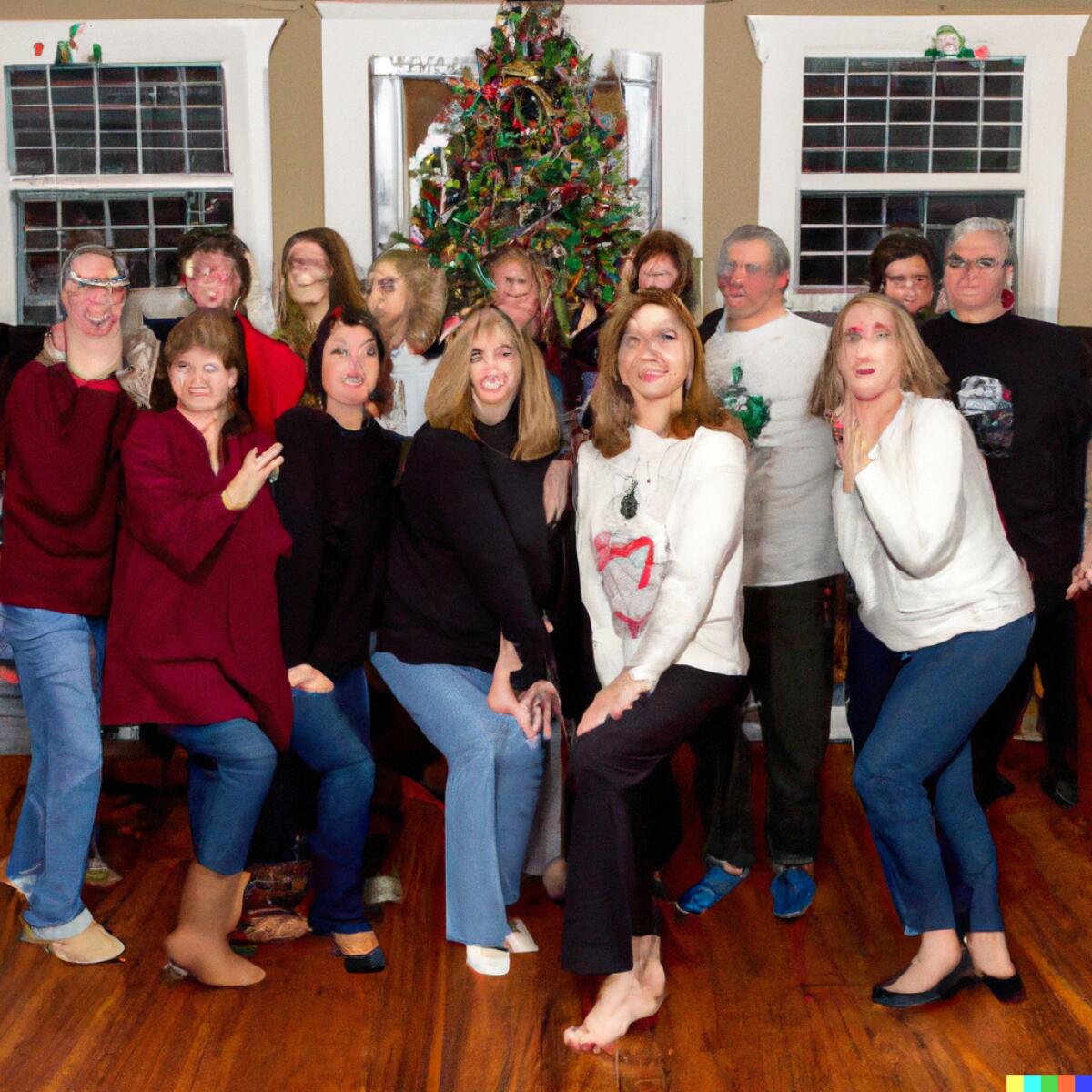 a group of people posing in front of a Christmas tree