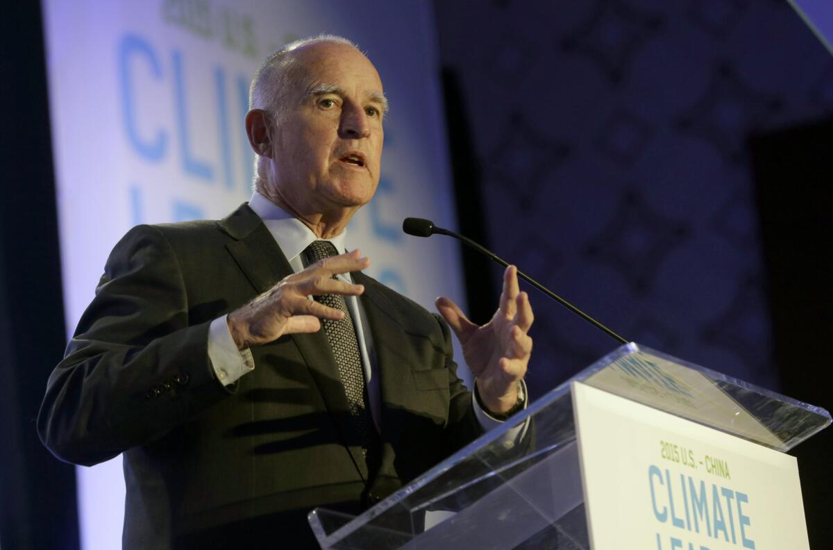 Gov. Jerry Brown speaks at a U.S.-China climate summit in Los Angeles on Sept. 15.