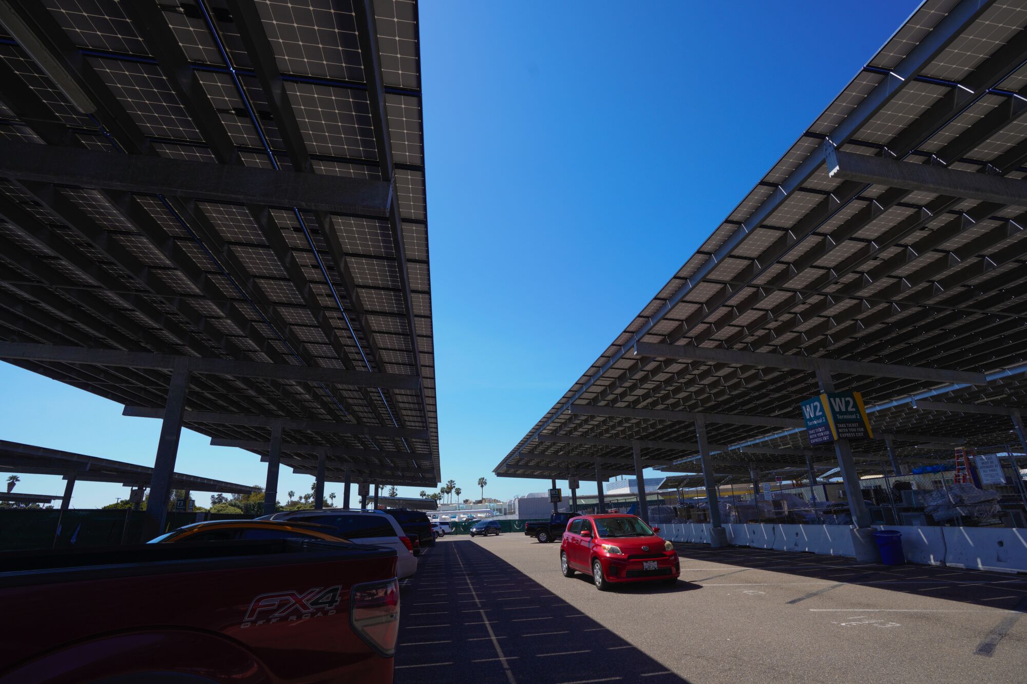 A solar canopy at San Diego International Airport’s cellphone parking lot on April 7, 2023.