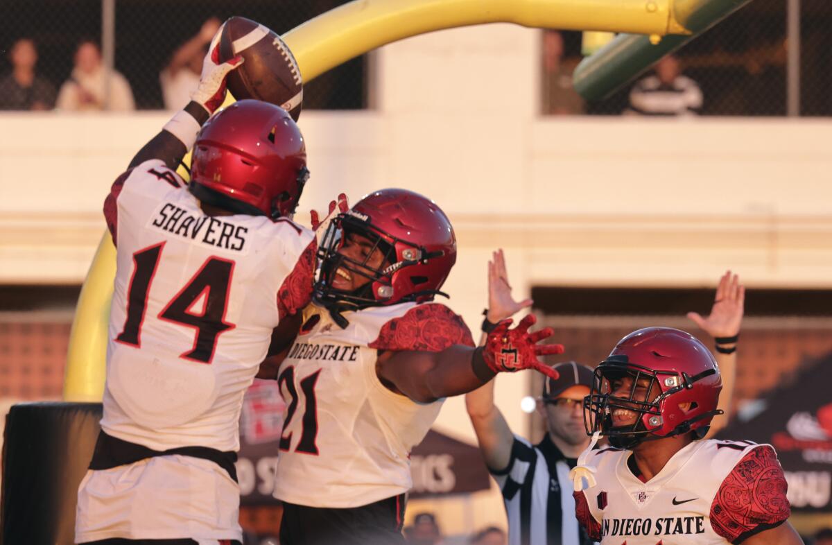 Wide receiver Tyrell Shavers celebrates first touchdown of the evening in SDSU's Spring Game.