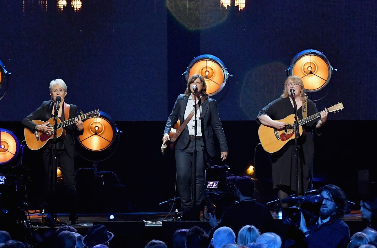 Joan Baez performs with Amy Ray and Emily Saliers of Indigo Girls 