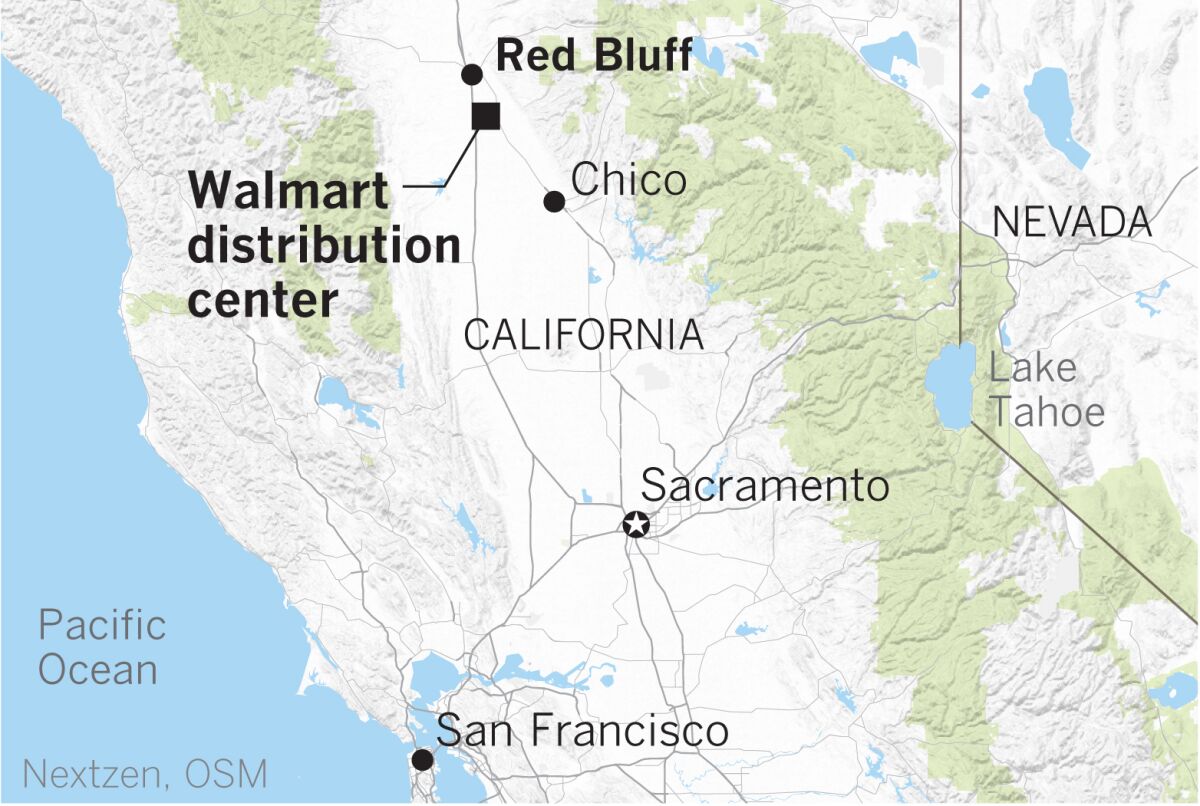 The location of a shooting at a Walmart distribution center south of Red Bluff, Calif., on Saturday.