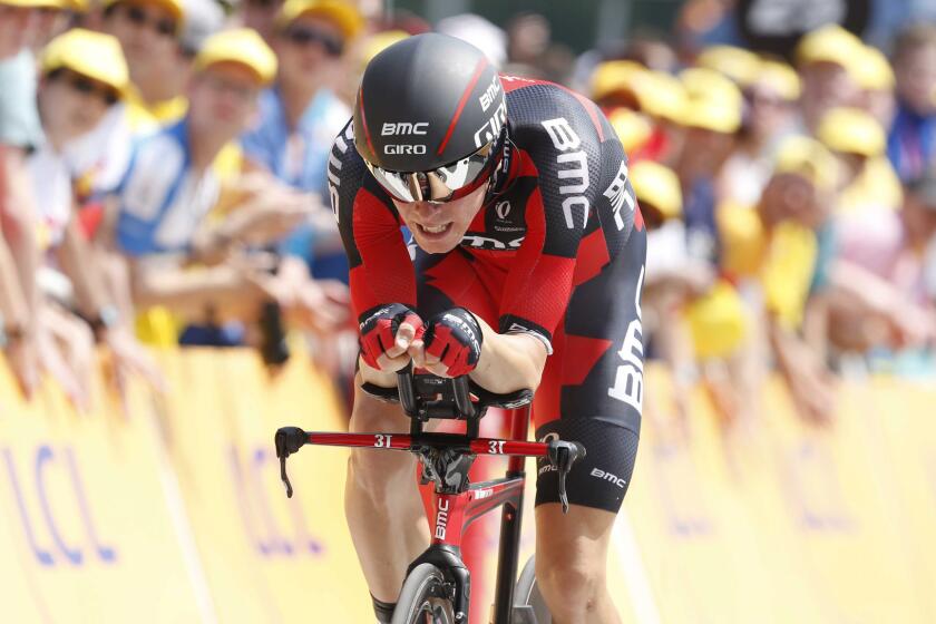 Rohan Dennis crosses the finish line during the Stage 1 individual time trial at the Tour de France in Utrecht, Netherlands, on July 4, 2015. Dennis won the stage to take the yellow jersey.