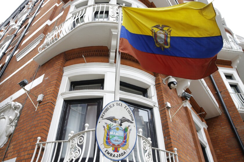 Ecuador's national flag flies outside its London embassy on Tuesday.