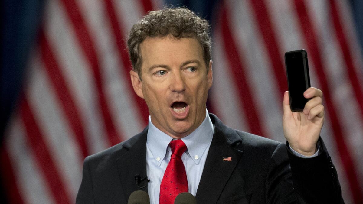 Sen. Rand Paul (R-Ky.), pictured in April, is speaking against the NSA's bulk phone data collection.