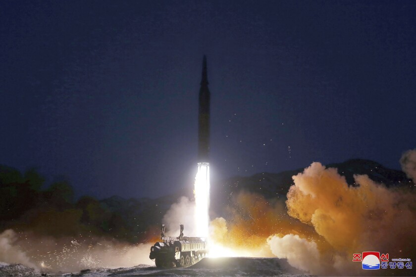 FILE - This photo provided by the North Korean government shows what it says a test launch of a hypersonic missile on Jan. 11, 2022 in North Korea. North Korea on Friday, Jan. 14, berated the Biden administration for imposing fresh sanctions against the country over its latest missile tests and warned of stronger and more explicit action if Washington maintains its “confrontational stance.” Independent journalists were not given access to cover the event depicted in this image distributed by the North Korean government. The content of this image is as provided and cannot be independently verified. Korean language watermark on image as provided by source reads: "KCNA" which is the abbreviation for Korean Central News Agency. (Korean Central News Agency/Korea News Service via AP, File)
