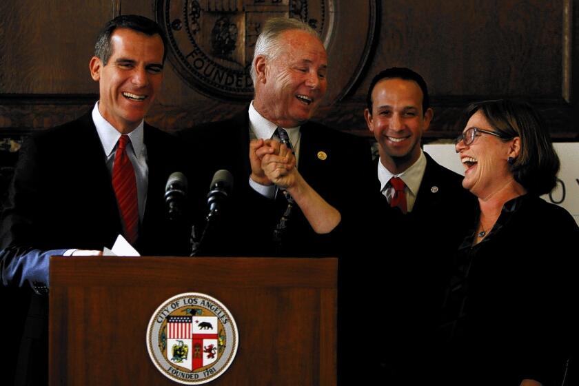 Los Angeles Mayor Eric Garcetti, left, Councilmen Tom LaBonge and Mitch Englander and U.S. Geological Survey seismologist Lucy Jones at a City Hall news conference to announce their earthquake safety initiative.