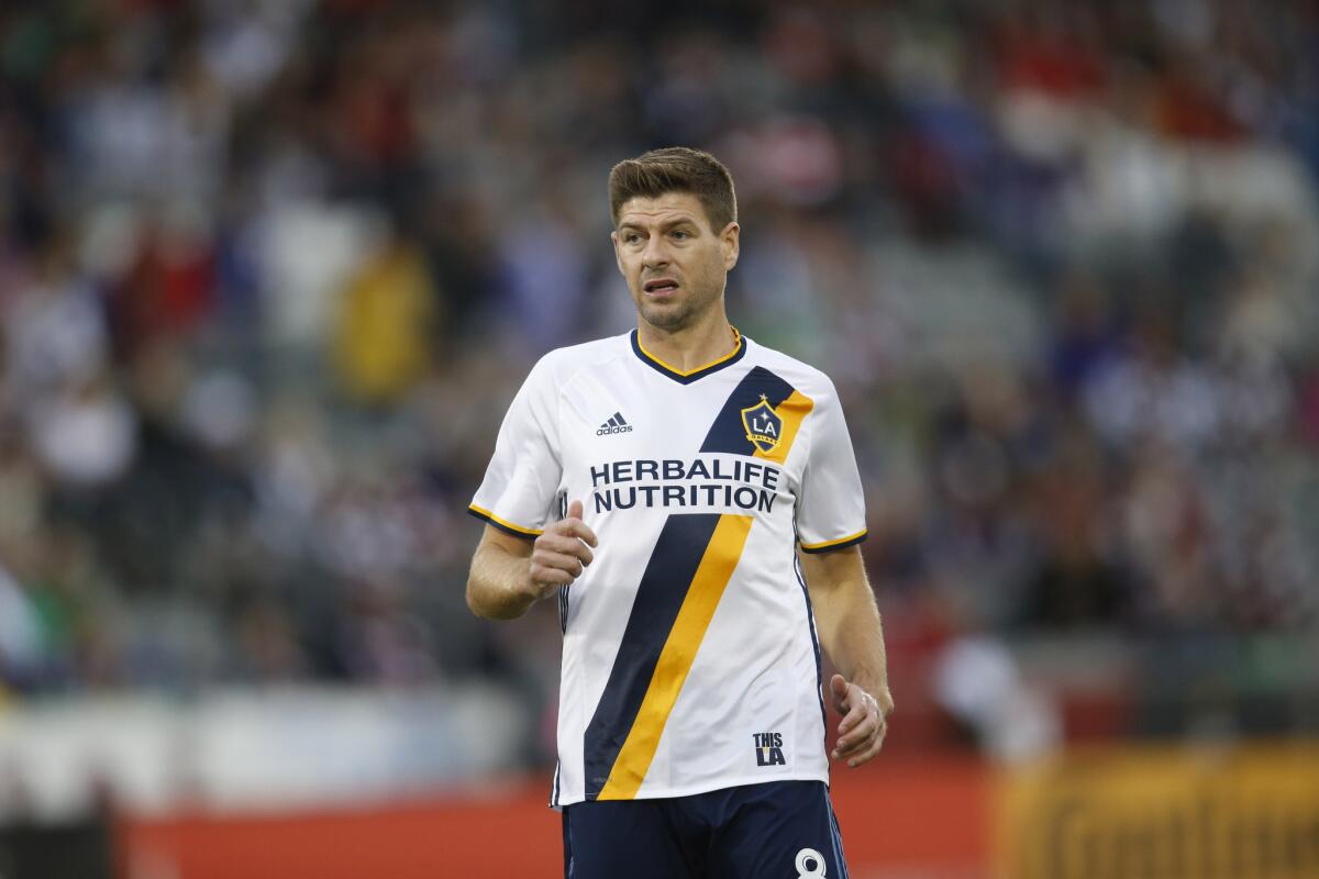Galaxy midfielder Steven Gerrard during the first half of a game on March 12.