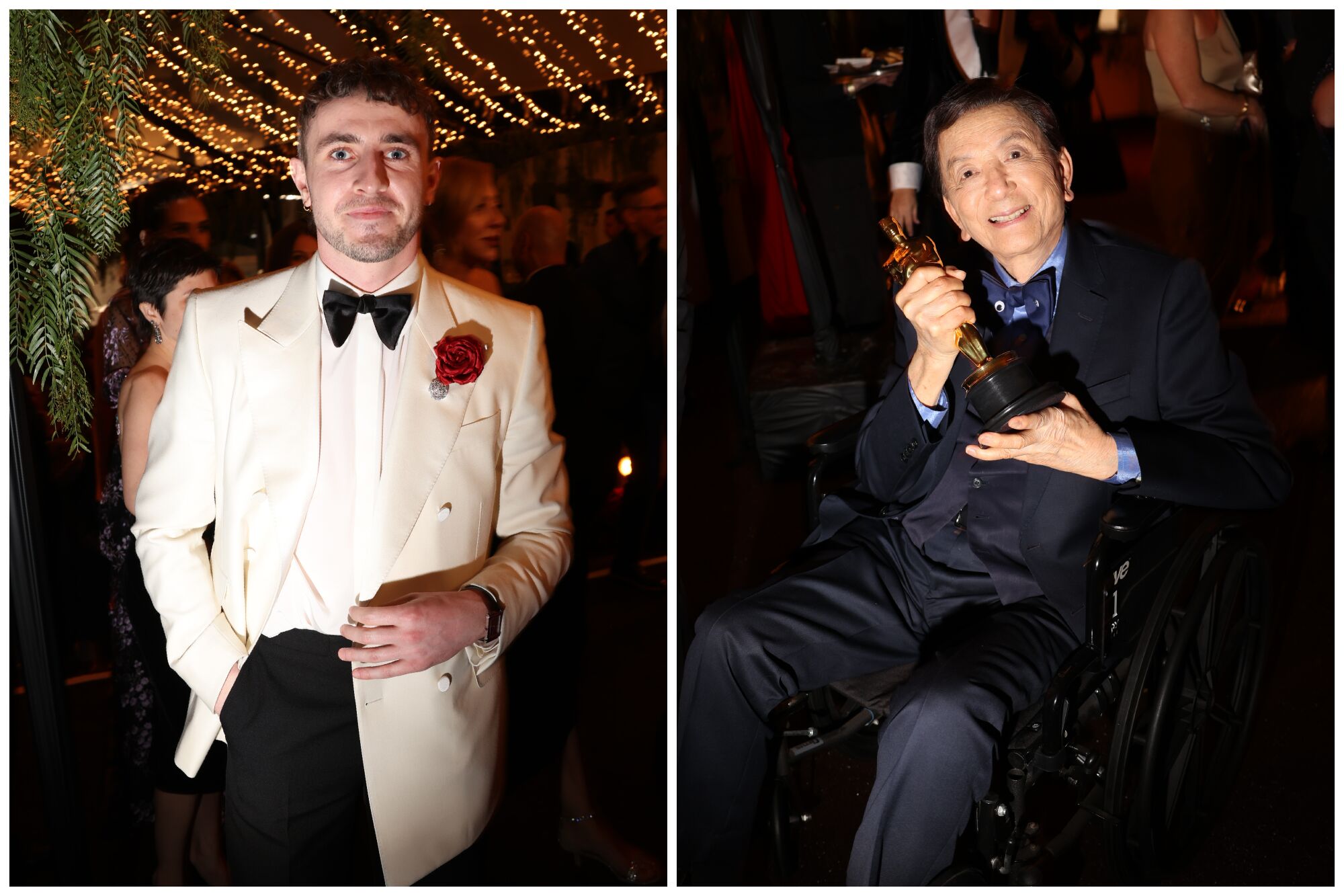 Paul Mescal stands beneath strings of white lights; James Hong clutches an Oscar.