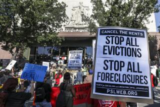 LOS ANGELES, CA - SEPTEMBER 02: A broad coalition of tenants and housing rights organizers rally at Stanley Mosk Courthouse to protest eviction orders issued against renters Stanley Mosk Courthouse on Wednesday, Sept. 2, 2020 in Los Angeles, CA. (Irfan Khan / Los Angeles Times)