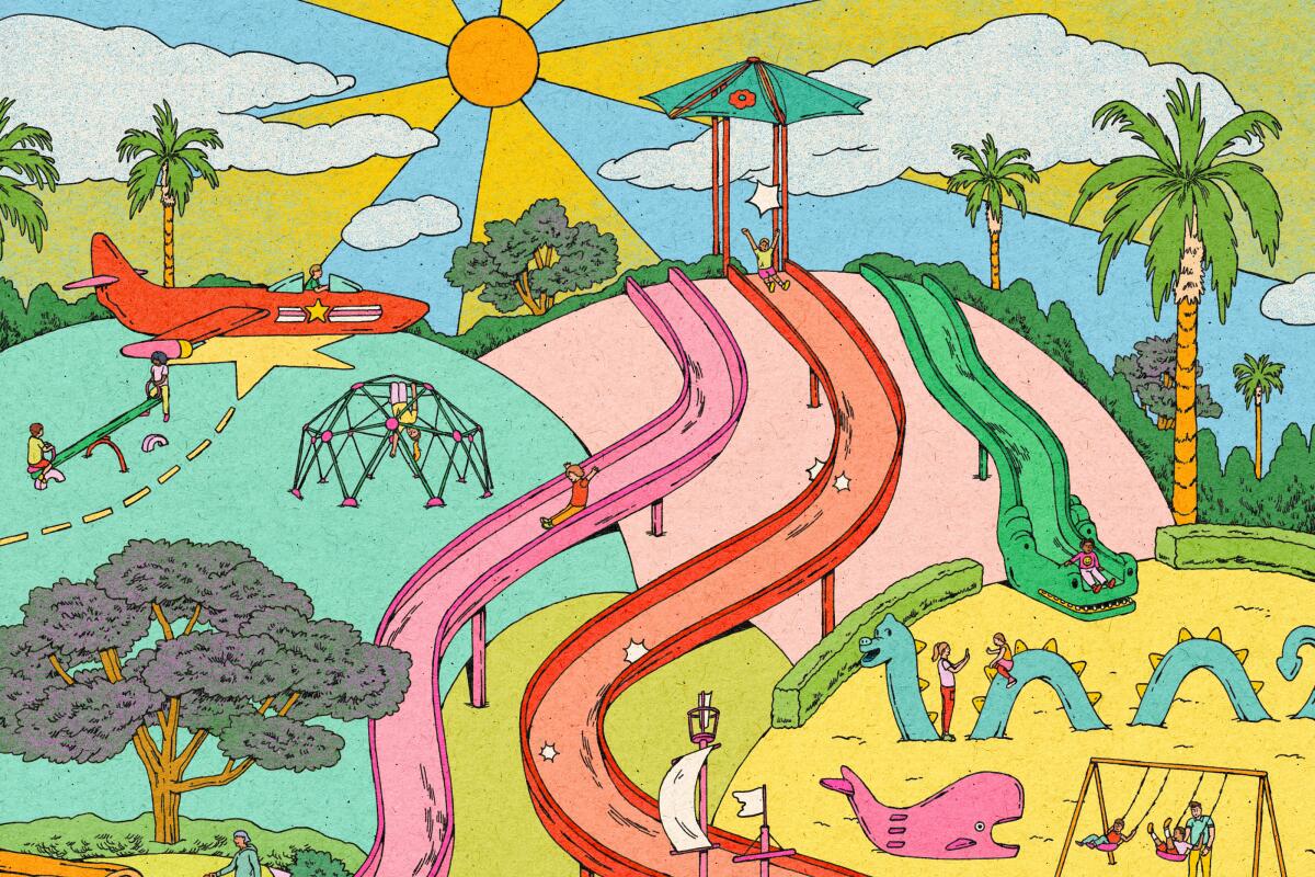 An illustration of several playgrounds with families playing beneath a sunny sky