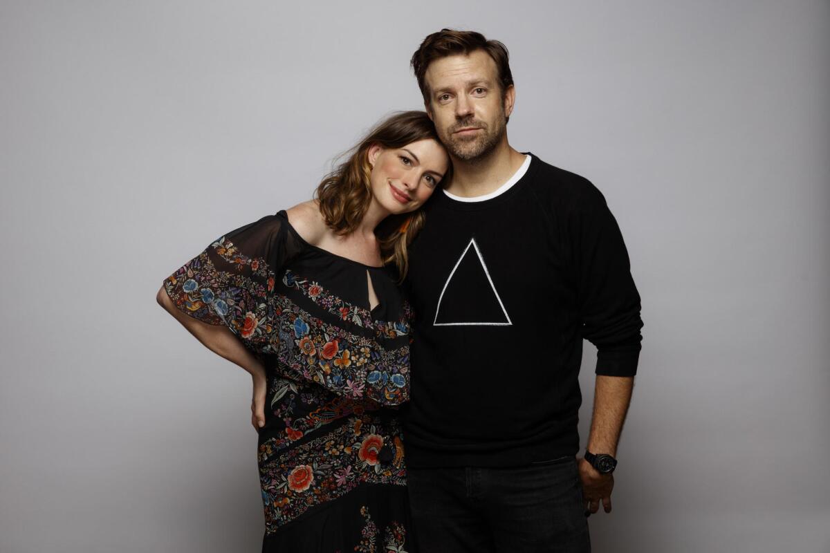 Anne Hathaway, left, and Jason Sudeikis of "Colossal."