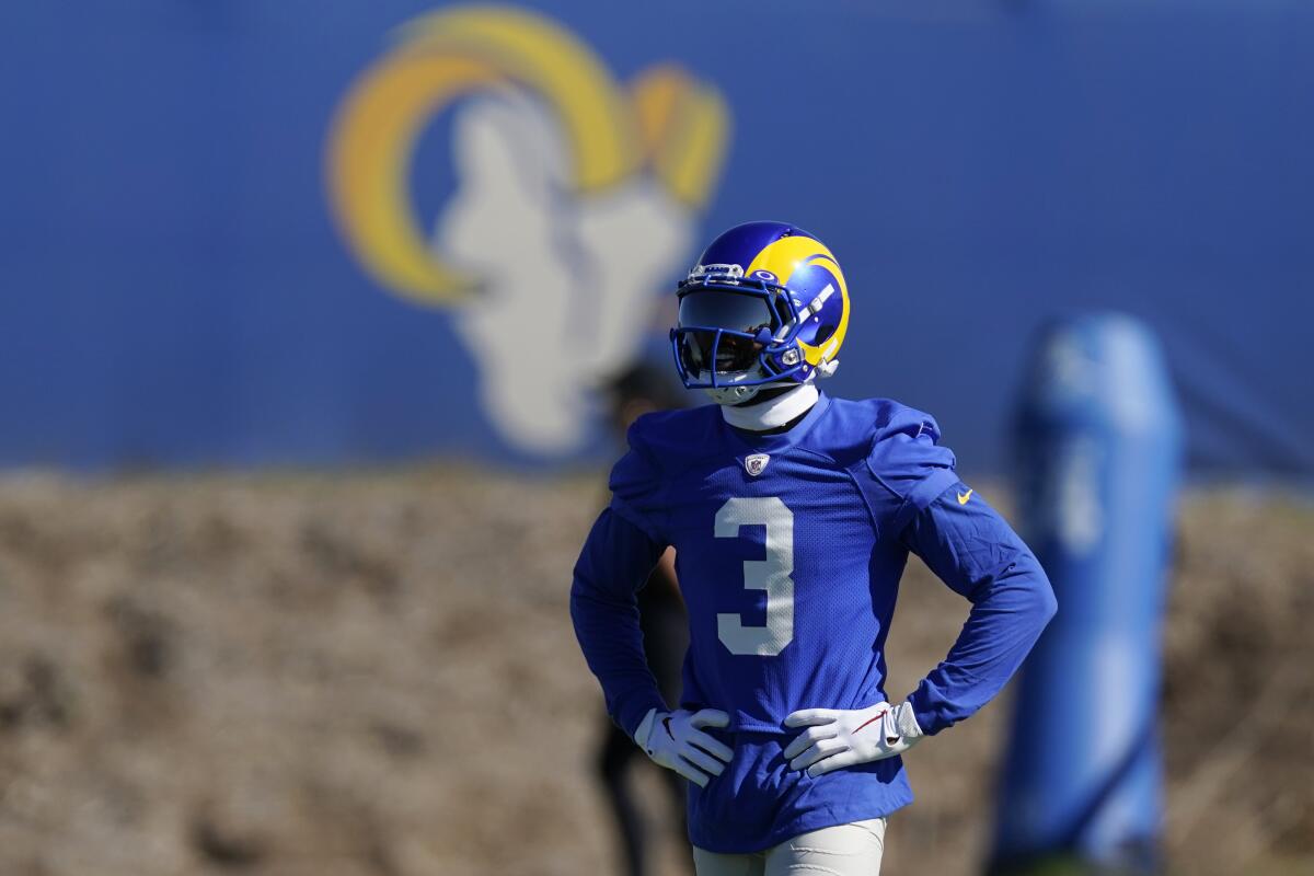 Rams wide receiver Odell Beckham Jr. walks on the field during practice Saturday.