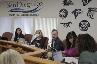 Encinitas, CA - May 19: From left, San Dieguito Union High School District Trustees Katrina Young, Julie Bronstien, Michael Allman and Maureen Muir Thursday, May 19, 2022 in Encinitas, CA during a board meeting. (Bill Wechter /For The San Diego Union-Tribune)