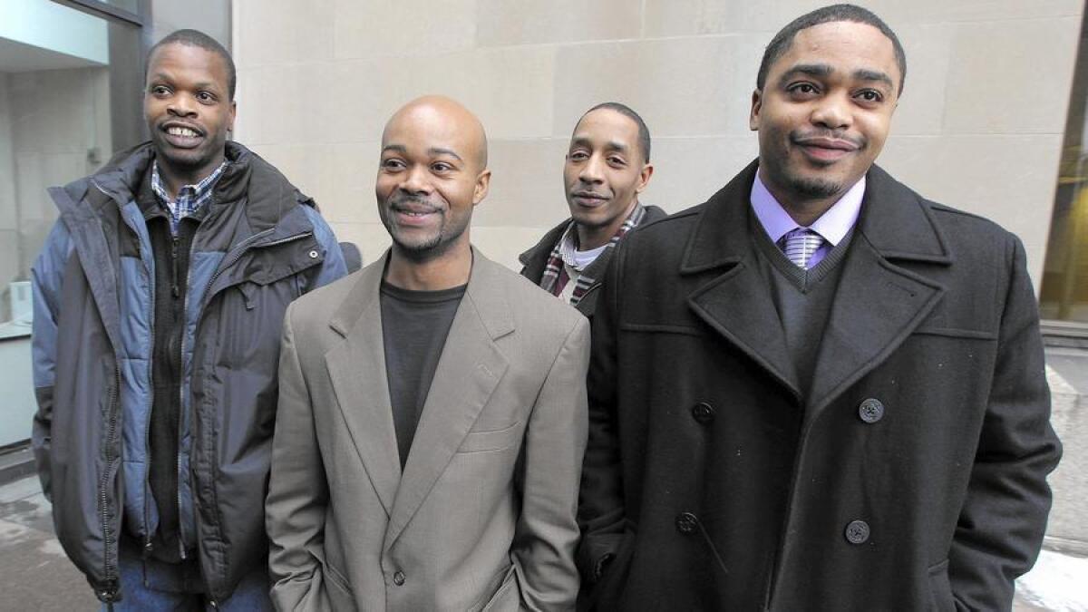 From left, Harold Richardson, Vincent Thames, Terrill Swift and Michael Saunders were convicted of a 1994 rape and murder but later were cleared.