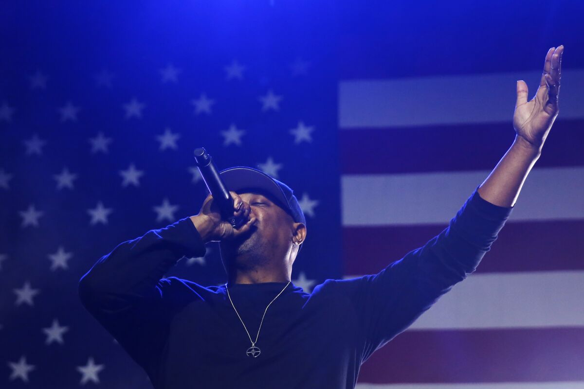 Rapper Chuck D performs with Public Enemy Radio during a Bernie Sanders rally at the Los Angeles Convention Center Sunday.