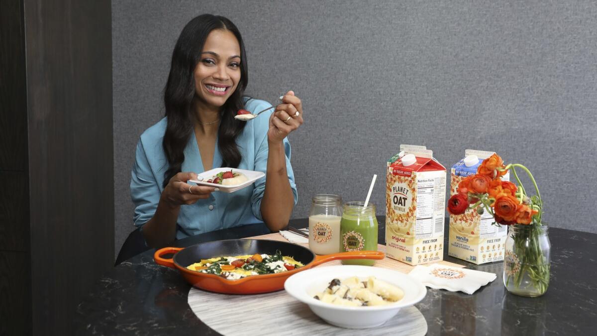 Actress Zoe Saldana promotes Planet Oat Oatmilk during the product's national launch in April.