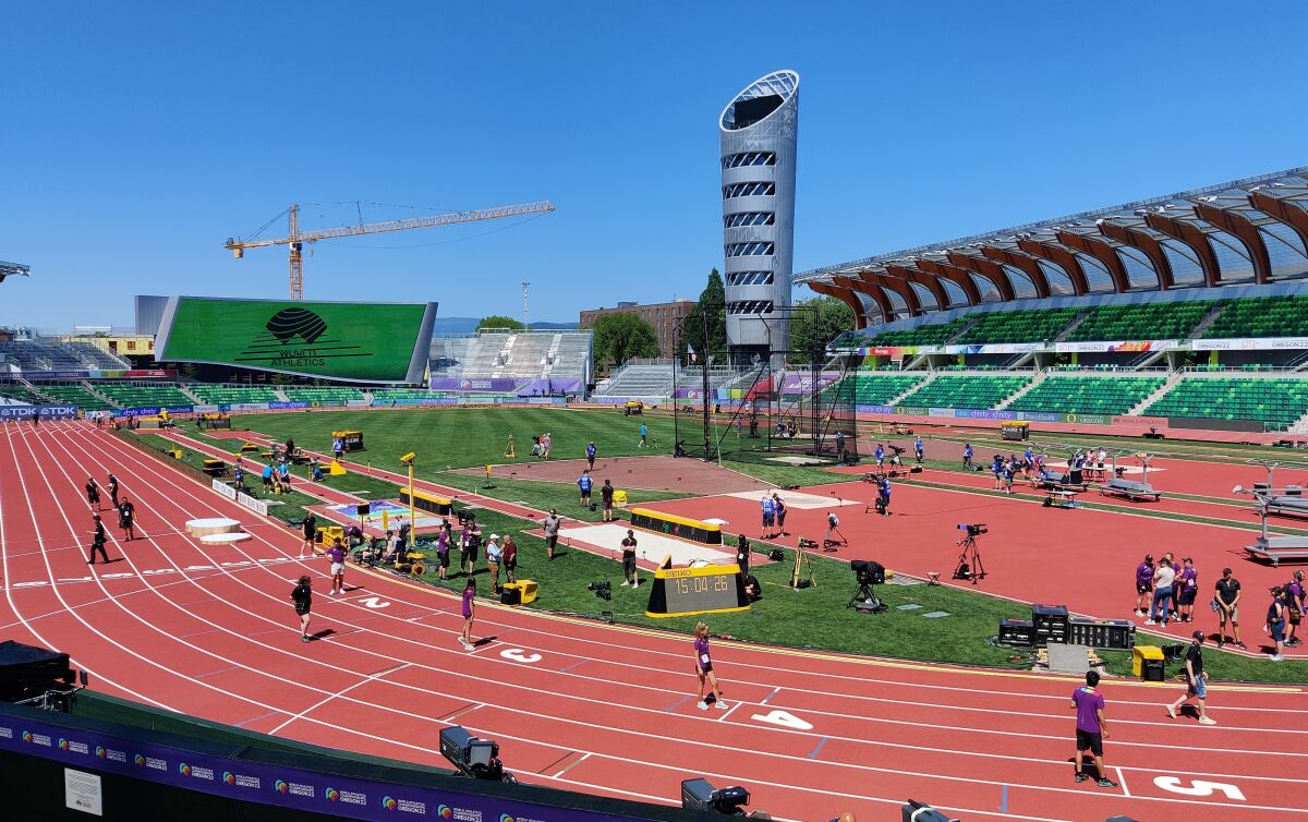 A renovated Hayward Field at the University of Oregon will host the World Athletics Championships beginning Friday.