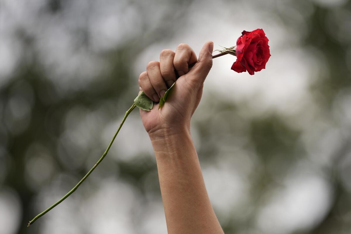 Una manifestante levanta el puño al aire con una rosa roja durante una protesta en Manila, Filipinas,