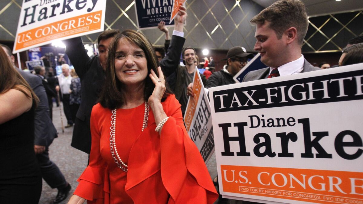 Diane Harkey, candidate for the 49th Congressional District, with her supporters in Golden Hall in San Diego in June.