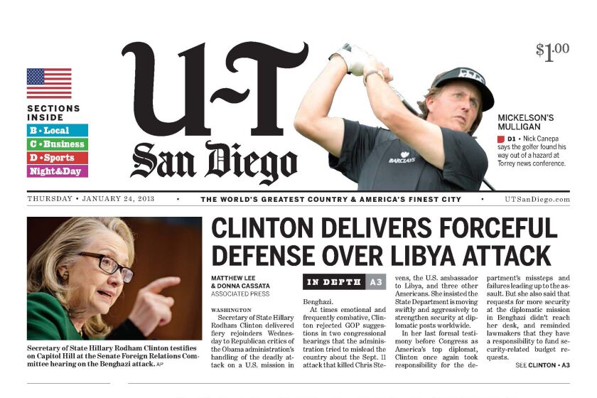 "Combat ban lifted," from the front page of U-T San Diego, Thursday, January 24, 2013.