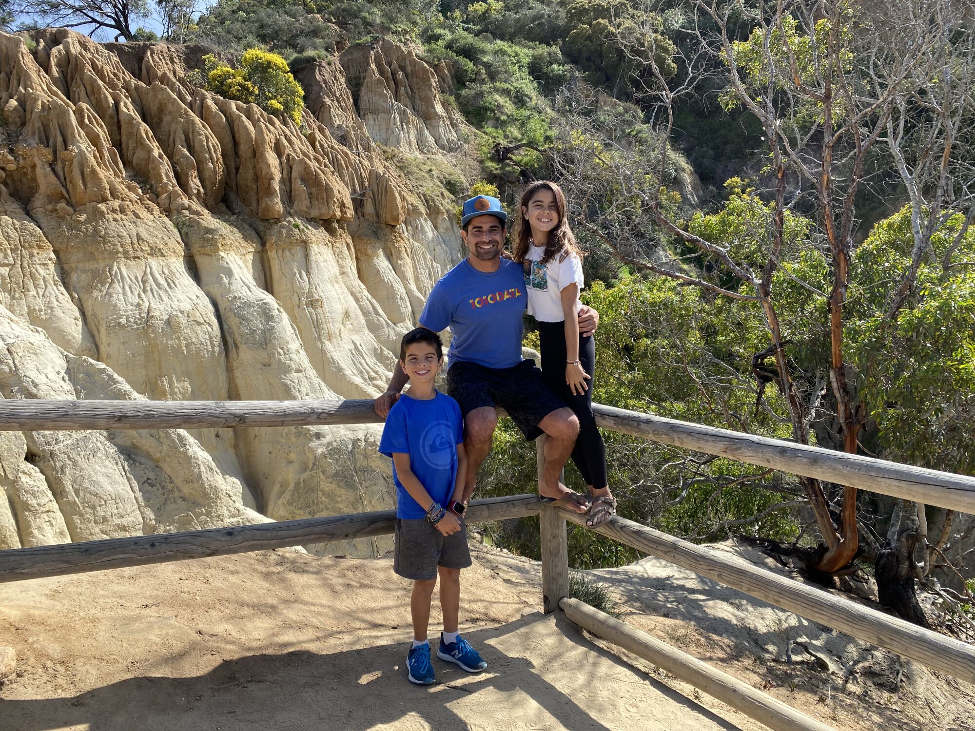 Samir Bhavnani with his two children at Annie's Canyon Trail in Encinitas.