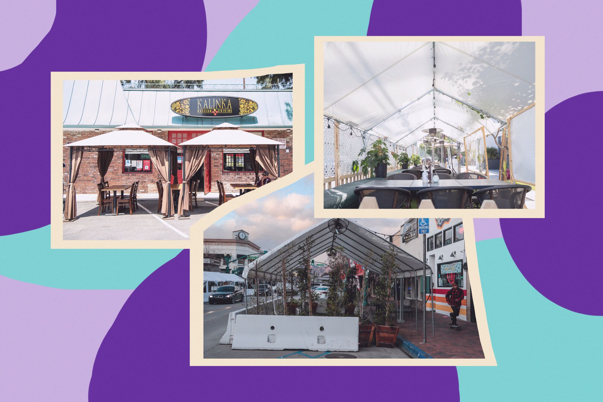 Three photos of three styles of outdoor tents