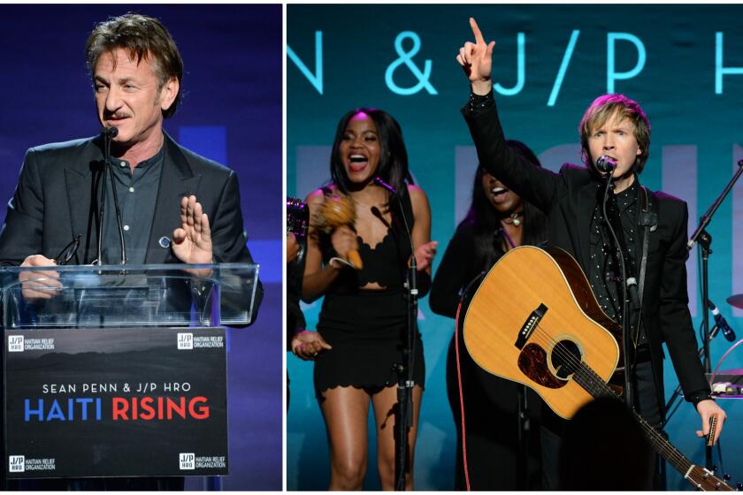 Sean Penn, left, addresses the guests at the sixth Haiti Rising Gala at the Montage Beverly Hills on Jan. 7. At right, surprise musical guest Beck capped off the evening by performing "Where It's At."