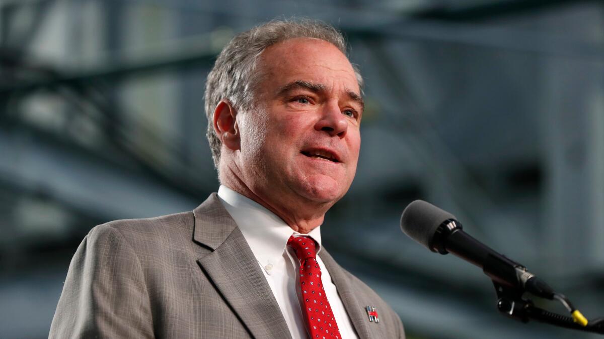 The man Democratic presidential candidate Hillary Clinton ultimately picked to be her running mate, Democratic Sen. Tim Kaine of Virginia, speaks during a campaign stop at Focus: Hope in Detroit on Tuesday.