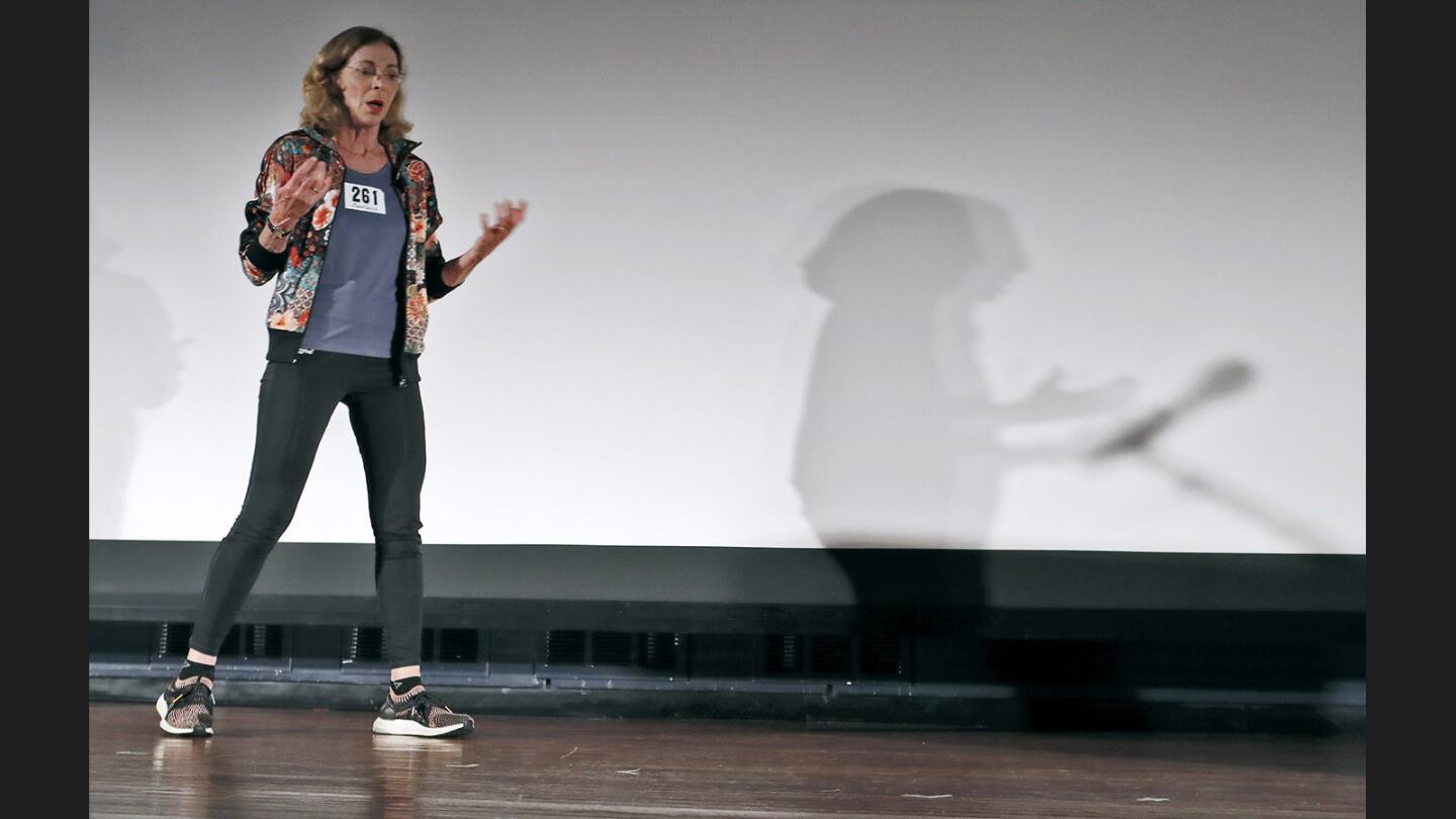 Athlete and motivational speaker Kathrine Switzer, the first official female entrant in the Boston Marathon in 1967, speaks at UC Irvine on Thursday. Switzer and Elizabeth Gray spoke about breaking barriers and finding empowerment through running.