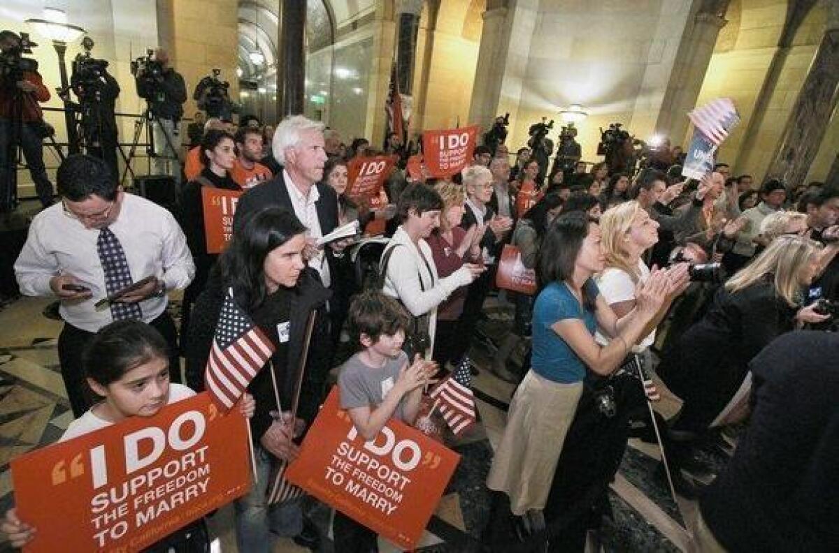 Supporters of same-sex marriage gather at Los Angeles City Hall in February 2013.