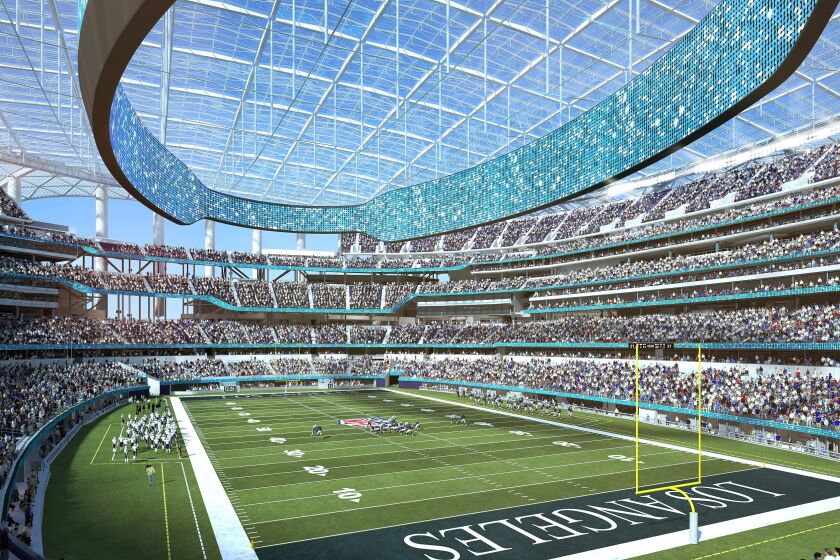 Associated Press A RENDERING provided by Los Angeles Stadium at Hollywood Park shows the southeast seating view for the new stadium, which opens next year.