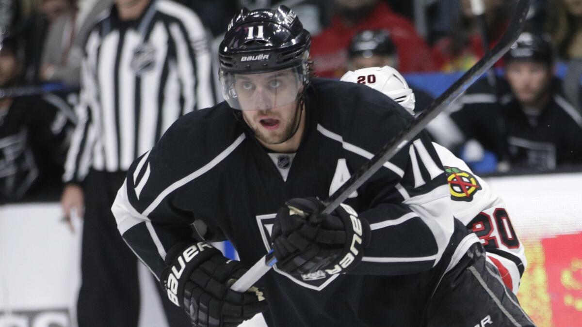 Kings center Anze Kopitar chases after the puck during a game against the Chicago Blackhawks on Nov. 30.
