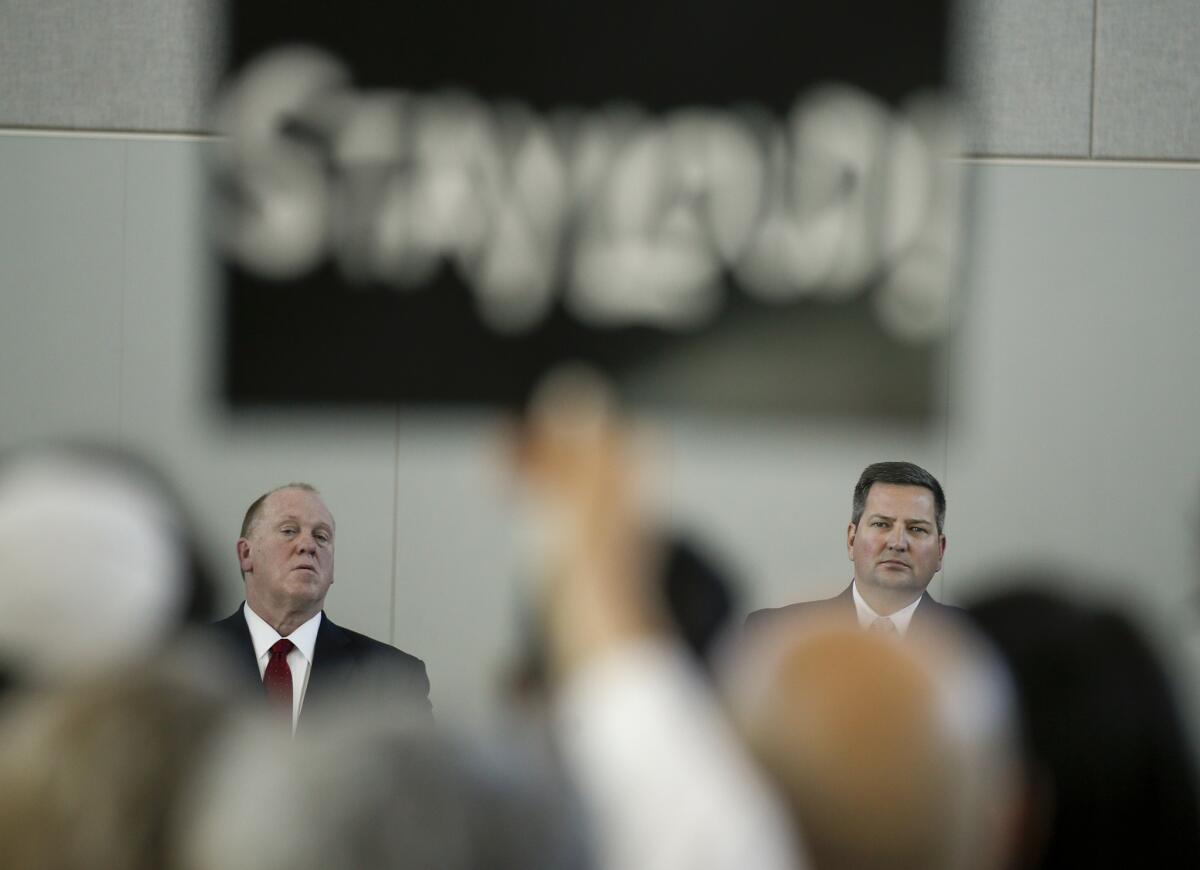 Acting ICE Director Thomas Homan, left, and Sacramento County Sheriff Scott Jones appear at a community forum about immigration.