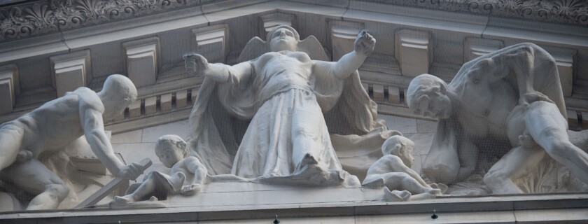 A detail from the facade of the New York Stock Exchange is seen in New York.