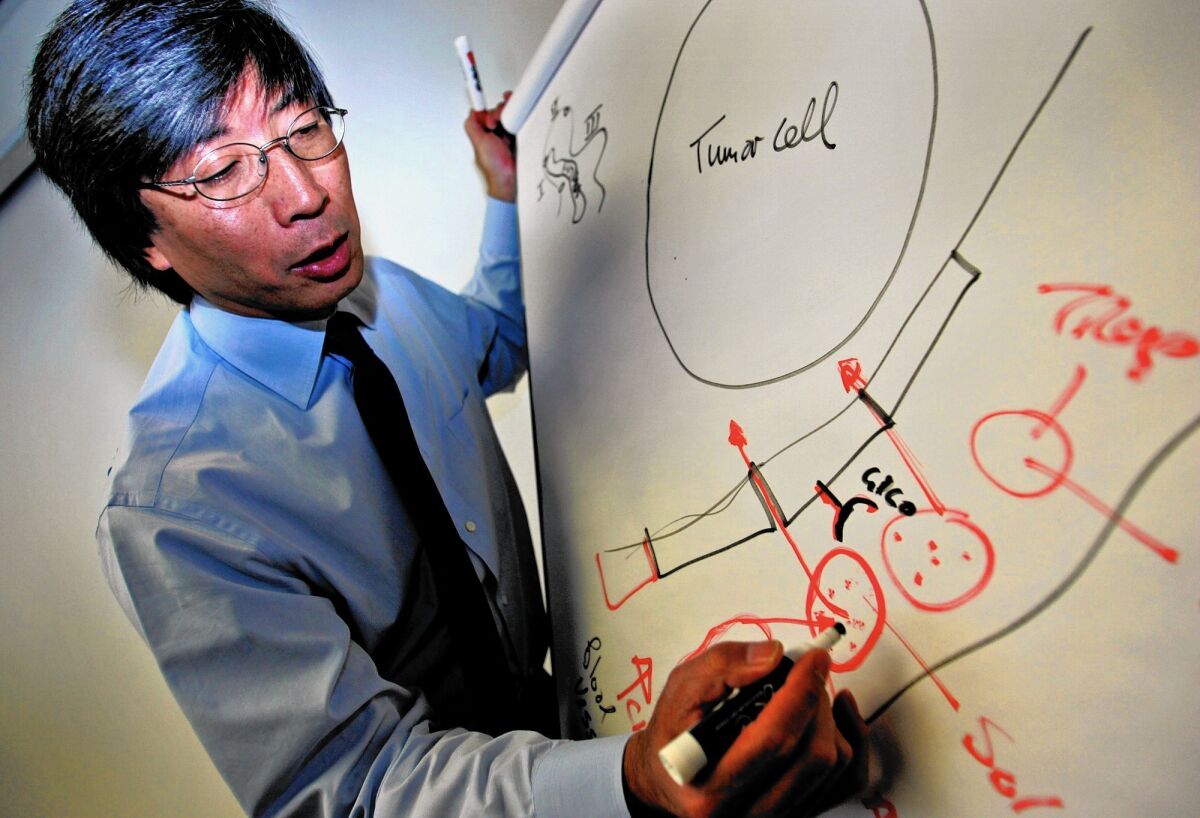 Dr. Patrick Soon-Shiong, who leads healthcare data firm NantHealth and NantKwest, a developer of cancer therapies, draws an illustration about tumor cells and how they react to cancer treatment.
