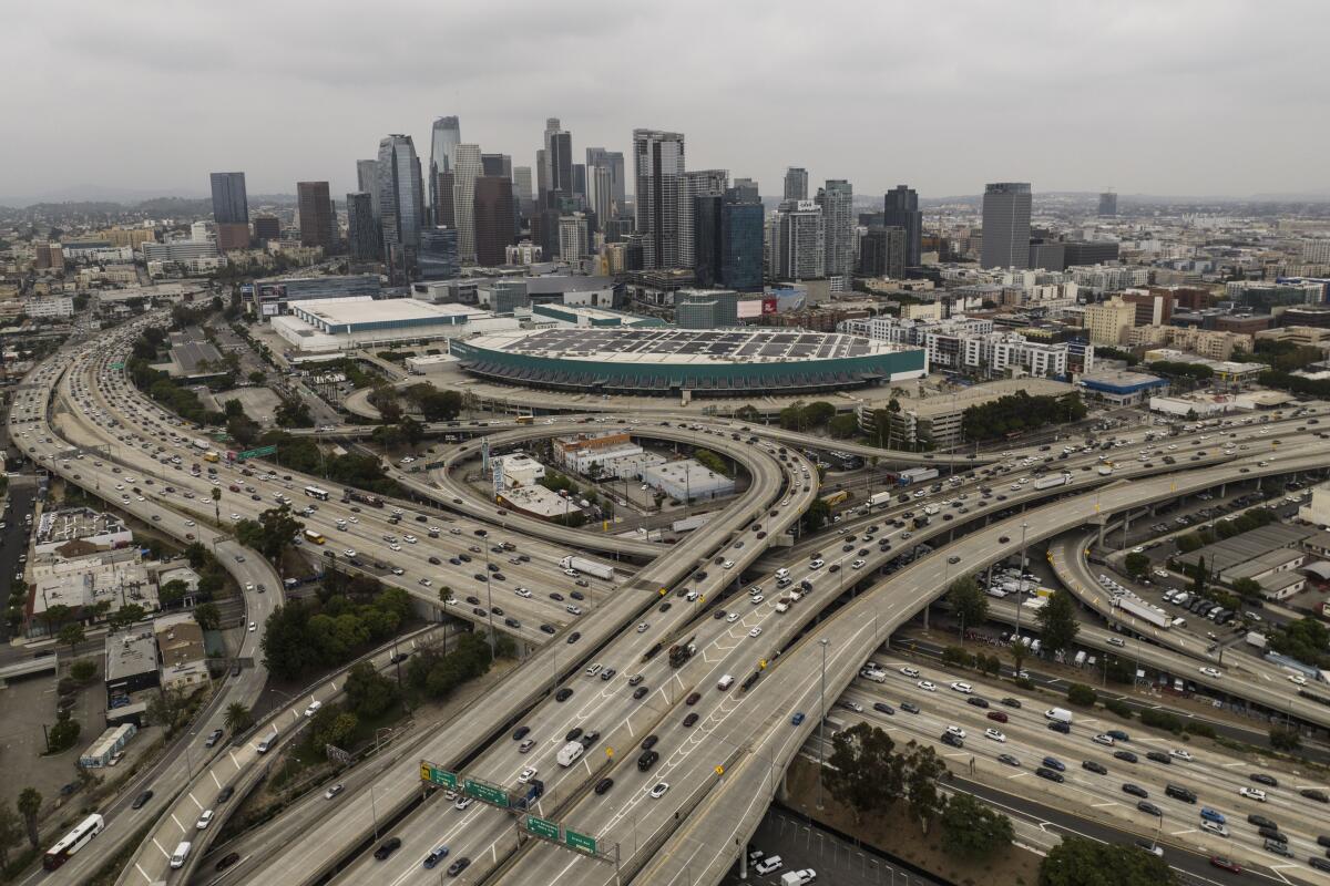Aerial view of the 10 and 110 freeways interchange in downtown Los Angeles.