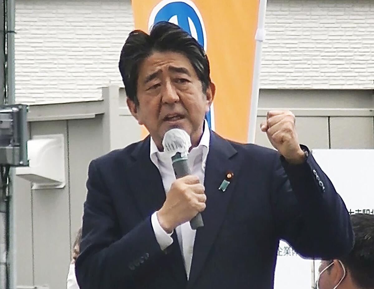 Former Japanese Prime Minister Shinzo Abe speaking at campaign event