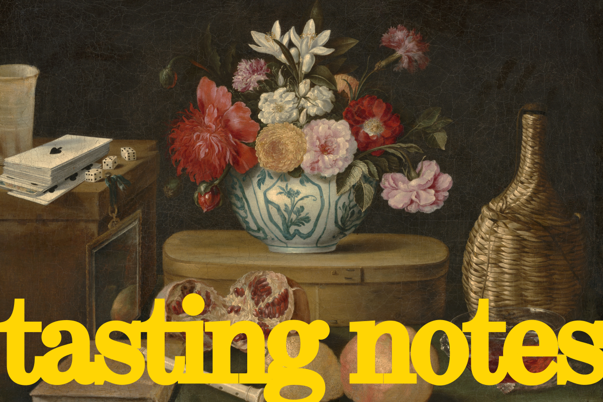 A painting of a vase of red and pink flowers atop a basket next to a woven bottle and the superimposed words "tasting notes"