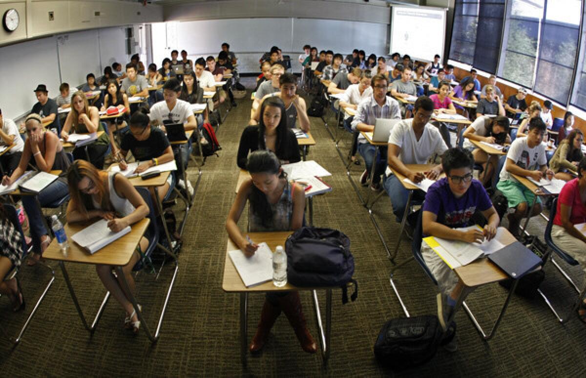 Students fill every desk in a class at Orange Coast Community College in Costa Mesa. A study says state community colleges are not preparing California's future workforce.