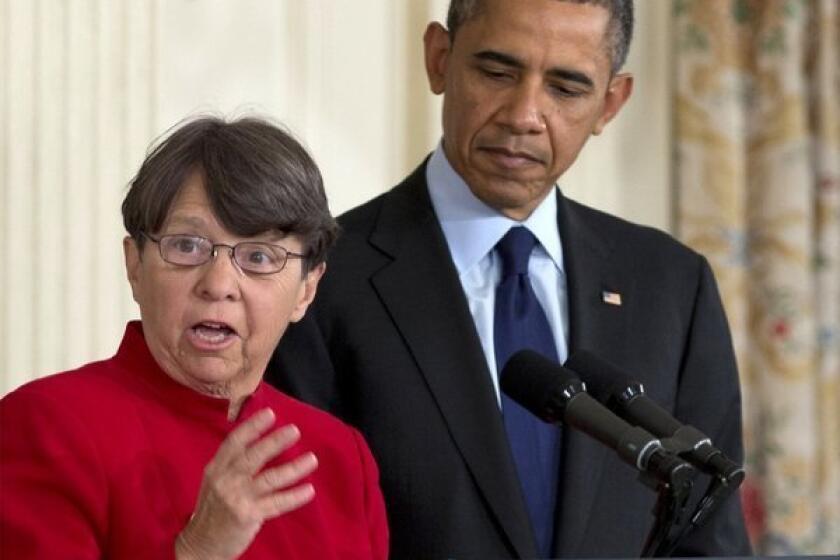 Mary Joe White and President Obama at a news conference in January during which he announced her nomination to lead the Securities and Exchange Commission.