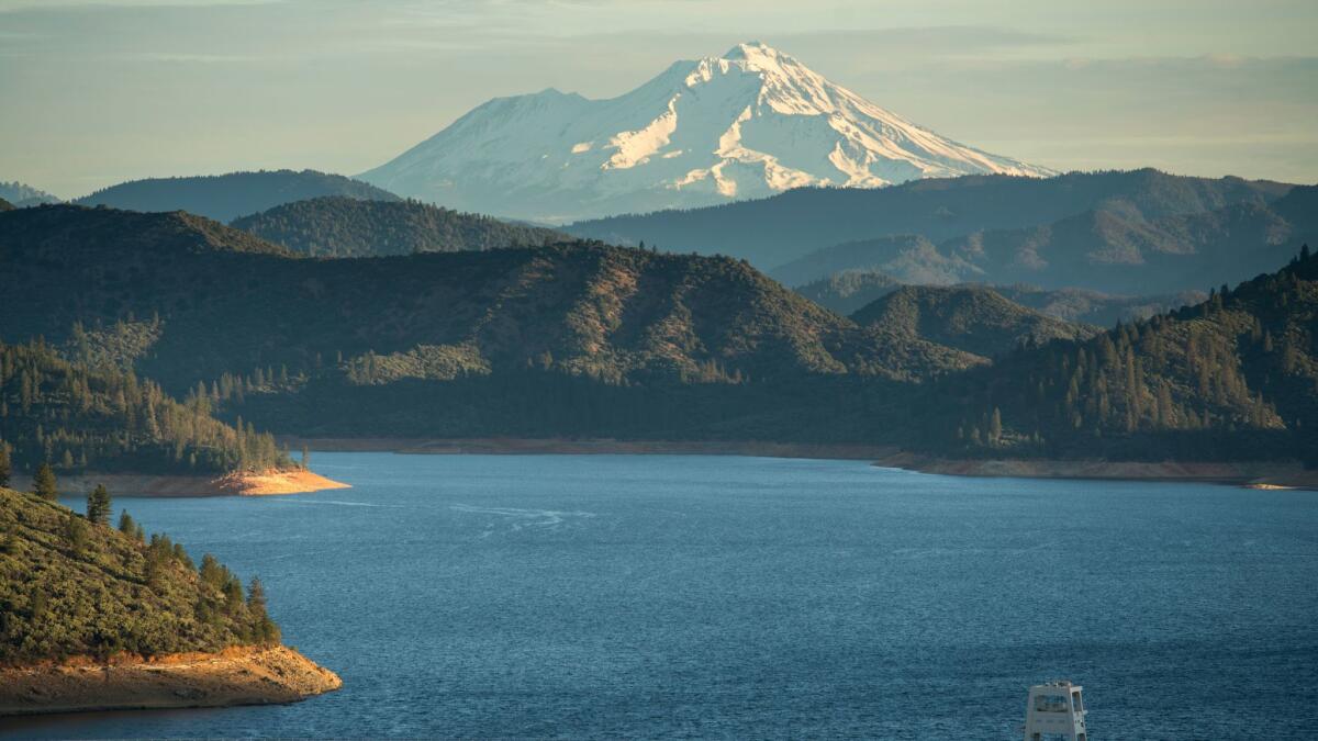 Mt. Shasta is seen above Upper Lake Shasta.