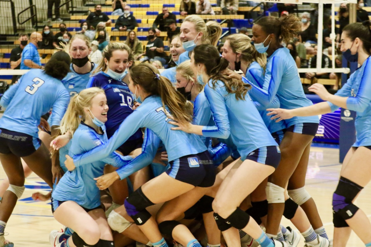 Los Angeles Marymount High players celebrate moments after sweeping San Jose Archbishop Mitty.