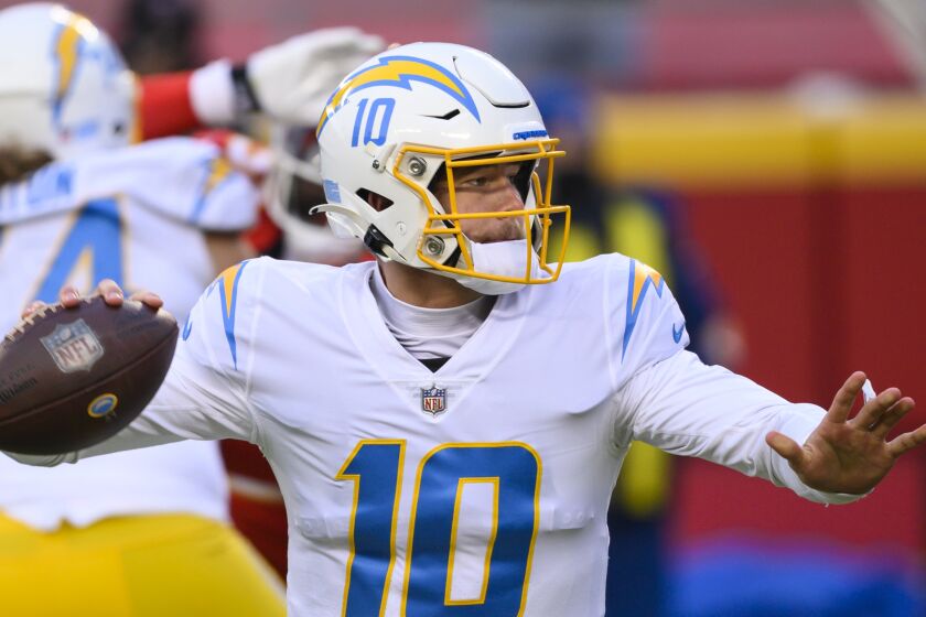 Los Angeles Chargers quarterback Justin Herbert (10) during the first half of an NFL football game against the Kansas City Chiefs, Sunday, Jan. 3, 2021, in Kansas City, Mo. (AP Photo/Reed Hoffmann)