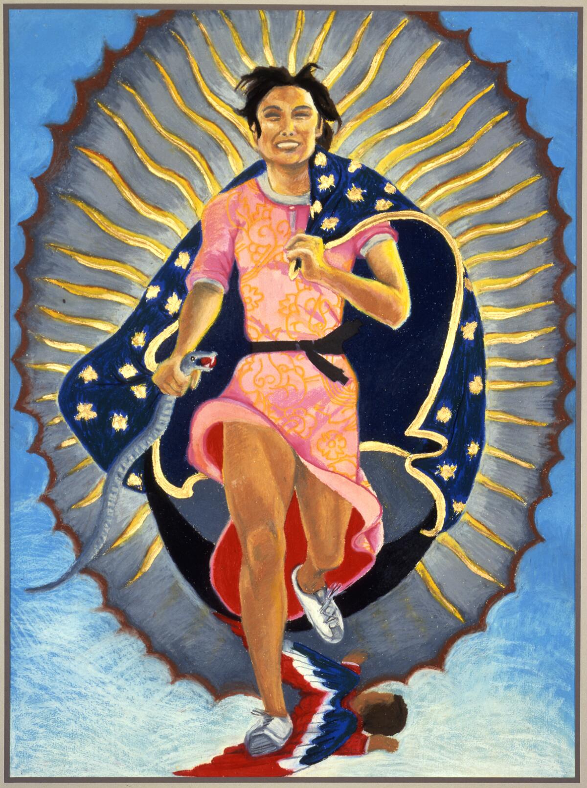 A vertical painting by Yolanda López shows a smiling woman running with a blue mantle surrounded by a luminous aureola.