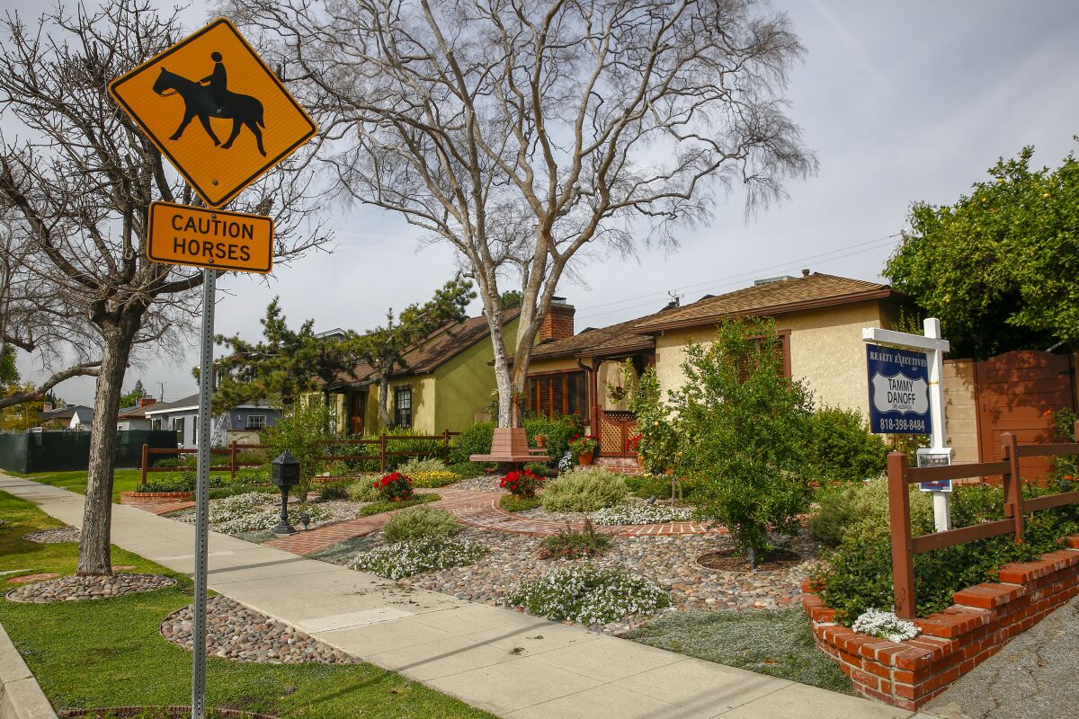 A view from the sidewalk of a row of homes and a horse crossing sign in a built-out Burbank neighborhood