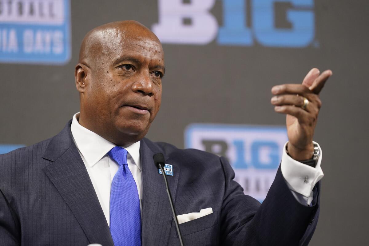 Big Ten Commissioner Kevin Warren talks to reporters during a news conference in July.