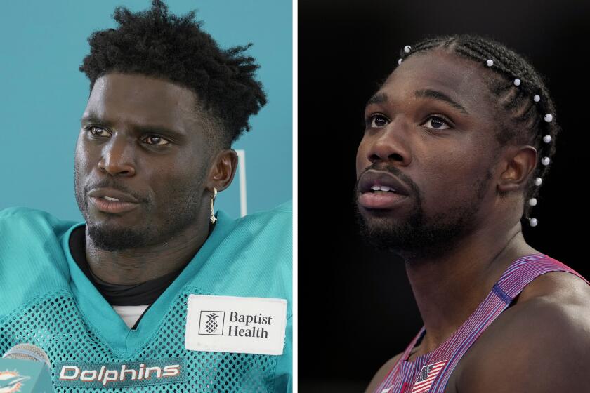 A split image of Dolphins receiver Tyreek Hill and U.S. Olympic sprinter Noah Lyles